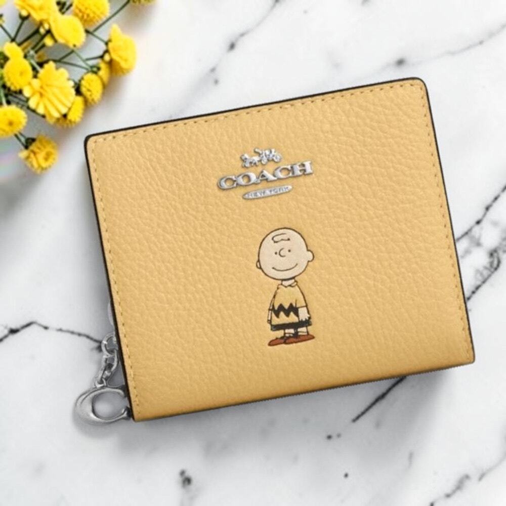 Coach X Peanuts Leather Snap Wallet With Charlie Brown in Yellow CBN90